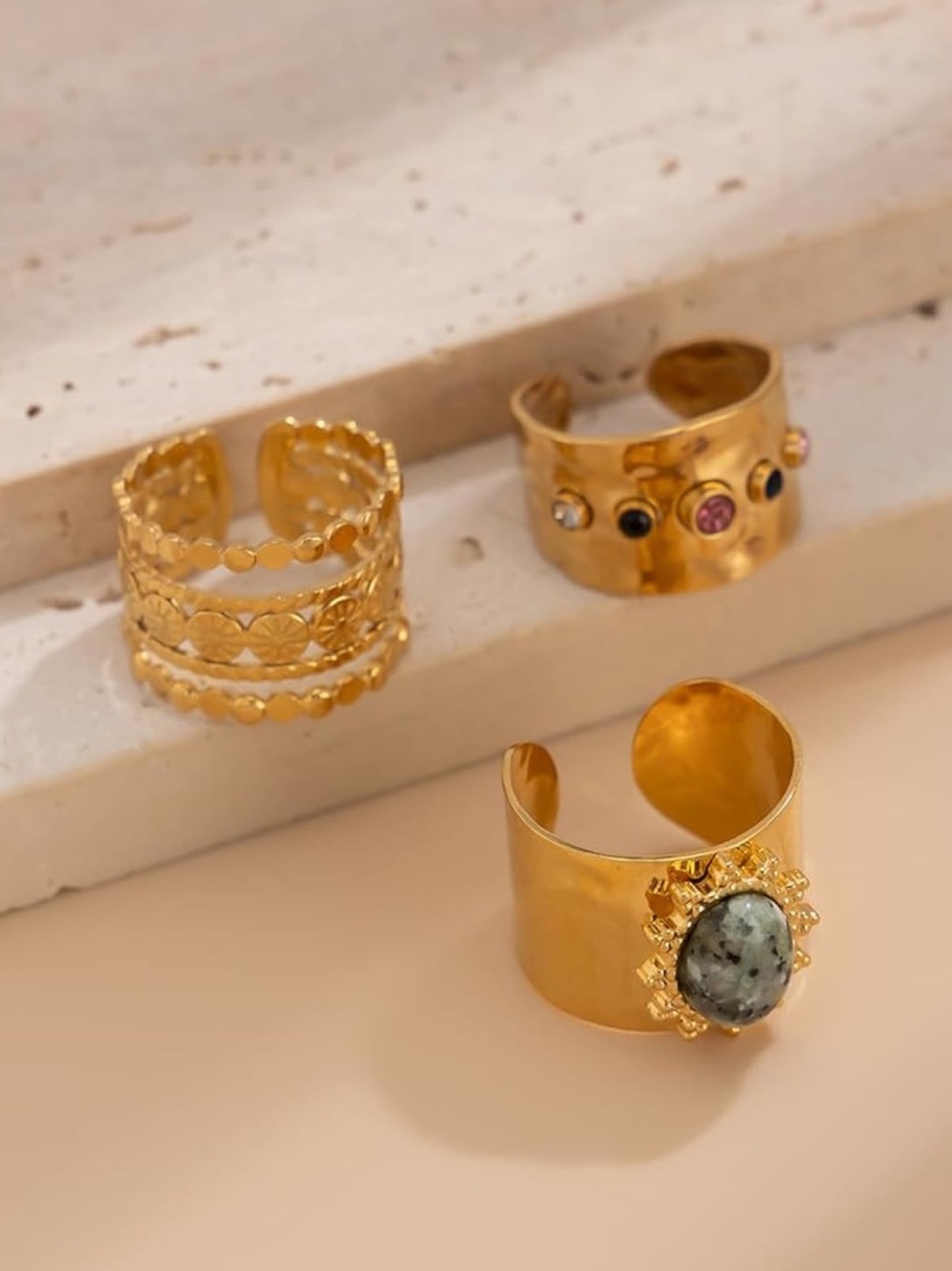 Anthropologie Gold Tone Mixed Stone Wide Band Ring Set - Picture 2 of 6